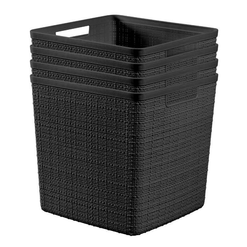Curver Set of 4 Large Cube 17L Jute Decorative Plastic Organization and Storage Baskets - Perfect Bins for Home Office, Closet Shelves, Kitchen Pantry and All Bedroom Essentials, Black - Image 1