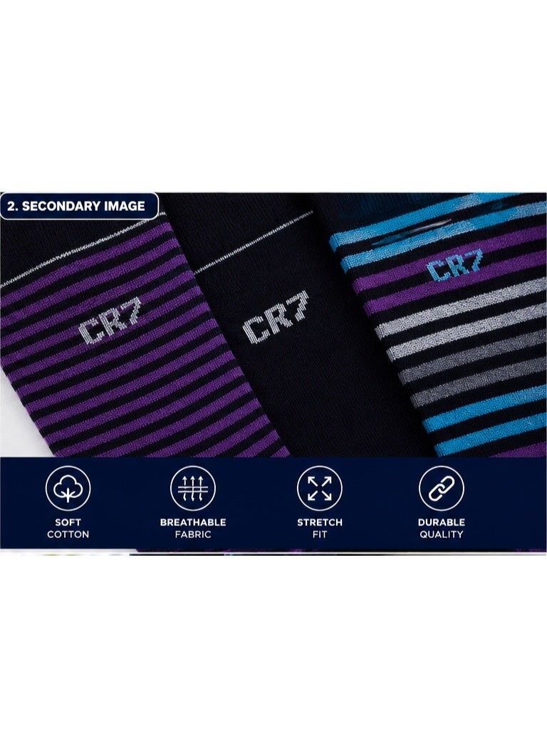 CR7 Men's Socks 3-Pack, Crew Length Cotton Rich Socks, Size 40–46, 75% Cotton, 22% Polyester, 3% Elastane, Multicolor Striped & Solid Designs - Image 2