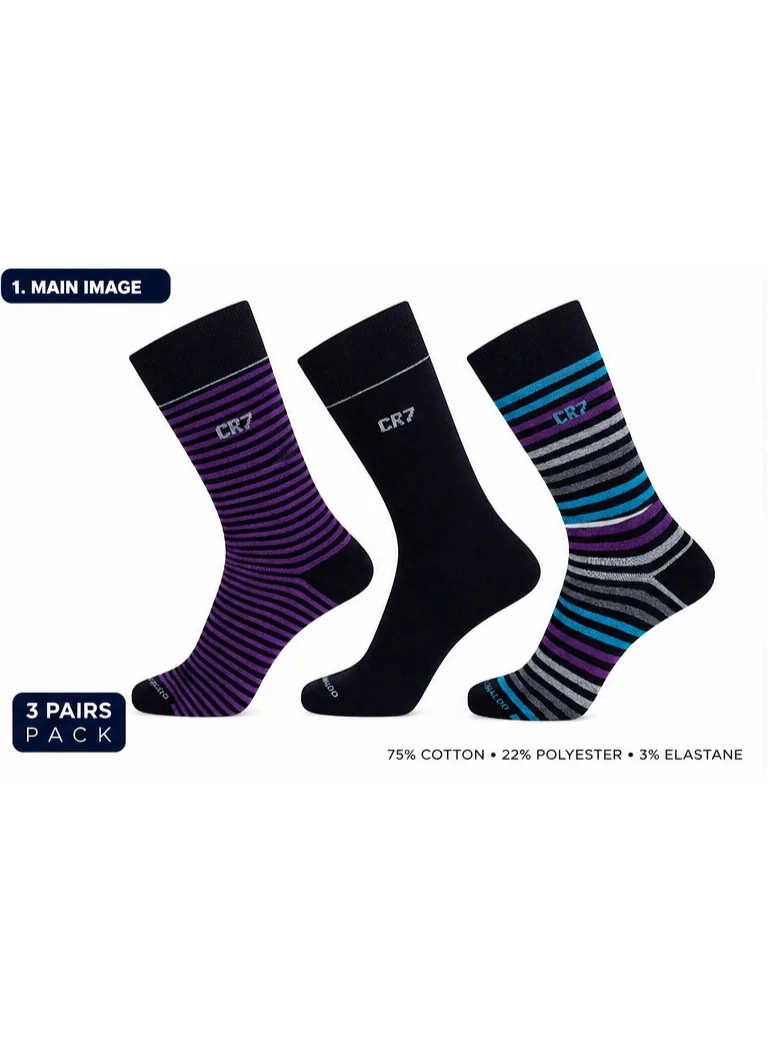 Cr7 CR7 Men's Socks 3-Pack, Crew Length Cotton Rich Socks, Size 40–46, 75% Cotton, 22% Polyester, 3% Elastane, Multicolor Striped & Solid Designs