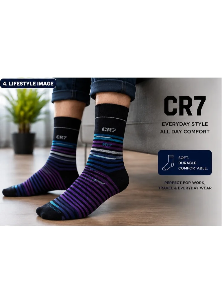Cr7  CR7 Men's Socks 3-Pack, Crew Length Cotton Rich Socks, Size 40–46, 75% Cotton, 22% Polyester, 3% Elastane, Multicolor Striped & Solid Designs for Men | Best Price UAE
