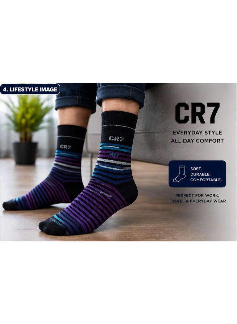 CR7 Men's Socks 3-Pack, Crew Length Cotton Rich Socks, Size 40–46, 75% Cotton, 22% Polyester, 3% Elastane, Multicolor Striped & Solid Designs - Image 4