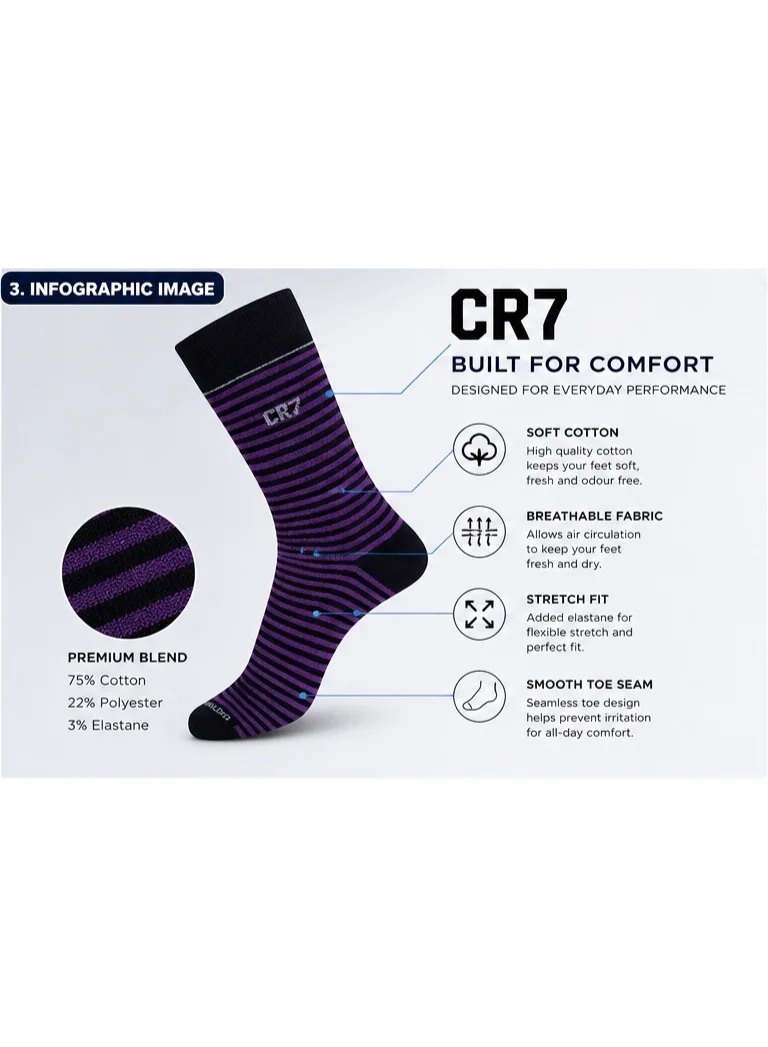 Cr7  CR7 Men's Socks 3-Pack, Crew Length Cotton Rich Socks, Size 40–46, 75% Cotton, 22% Polyester, 3% Elastane, Multicolor Striped & Solid Designs for Men | Best Price UAE