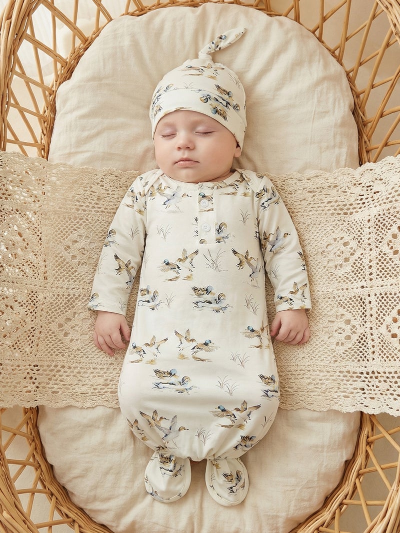 Baby Boy Sleeping Bag with Hat Cute Duck Print Newborn Knotted Gown Infant Swaddle - Image 1