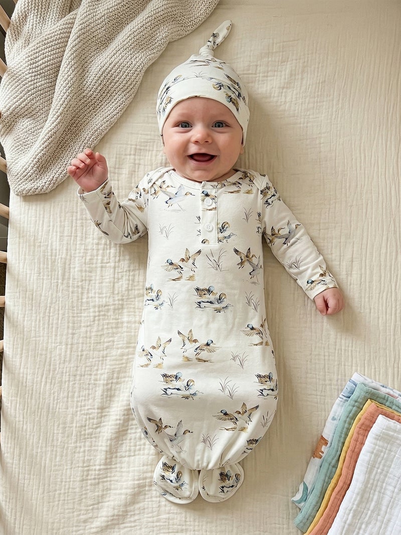 Baby Boy Sleeping Bag with Hat Cute Duck Print Newborn Knotted Gown Infant Swaddle - Image 4