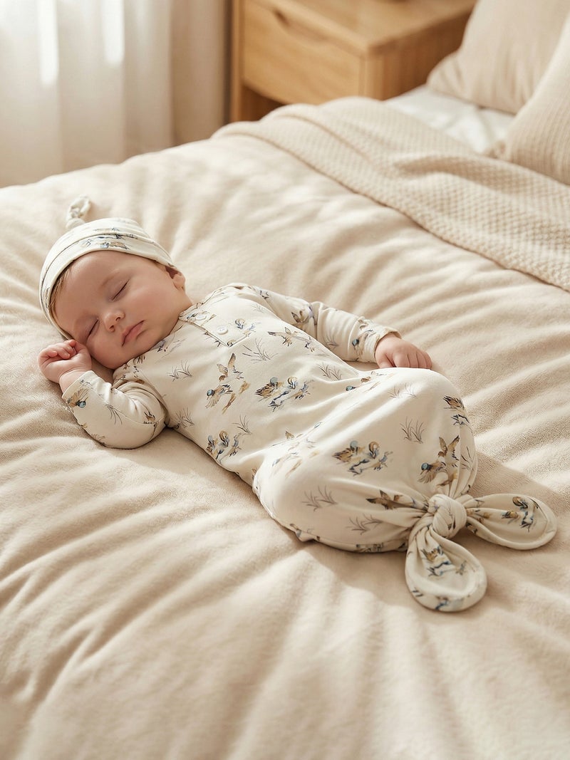 Baby Boy Sleeping Bag with Hat Cute Duck Print Newborn Knotted Gown Infant Swaddle - Image 3