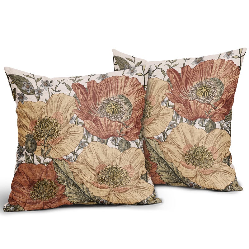Sweetshow Brown Rust Red Vintage Floral Pillow Covers 18x18 Rustic Flowers Botanical Print Decorative Throw Pillows Outdoor Country Decorations Pillow Cases for Couch Sofa Bed Decor Set of 2 - Image 2