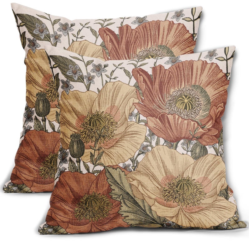 Sweetshow Brown Rust Red Vintage Floral Pillow Covers 18x18 Rustic Flowers Botanical Print Decorative Throw Pillows Outdoor Country Decorations Pillow Cases for Couch Sofa Bed Decor Set of 2 - Image 1