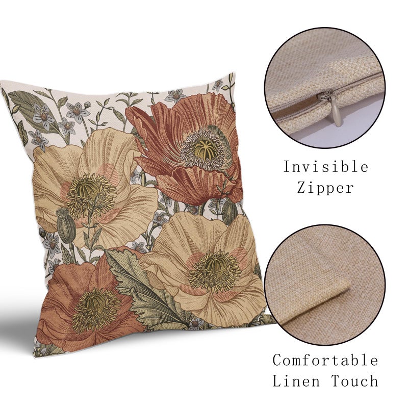 Sweetshow Brown Rust Red Vintage Floral Pillow Covers 18x18 Rustic Flowers Botanical Print Decorative Throw Pillows Outdoor Country Decorations Pillow Cases for Couch Sofa Bed Decor Set of 2 - Image 4
