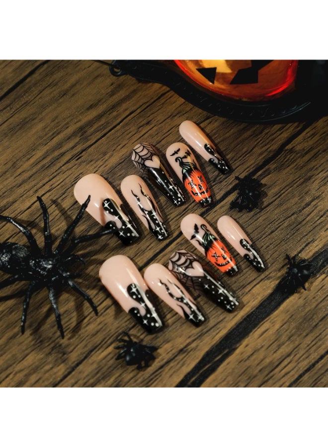 Vezocim Halloween Press on Nails Coffin Long Length 24Pcs Square Full Cover Artificial False Nails with Pumpkin Spider Design Acrylic Finger Fake Nails for Day of the Dead Holiday False Nail Kits For Women - Image 4
