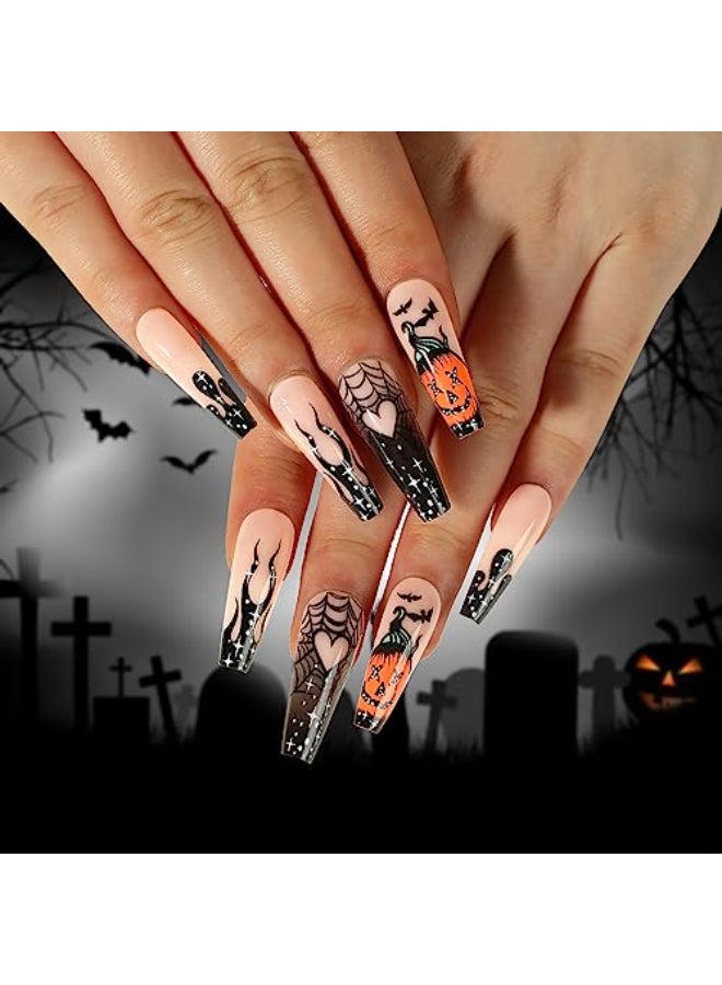 Vezocim Halloween Press on Nails Coffin Long Length 24Pcs Square Full Cover Artificial False Nails with Pumpkin Spider Design Acrylic Finger Fake Nails for Day of the Dead Holiday False Nail Kits For Women - Image 1