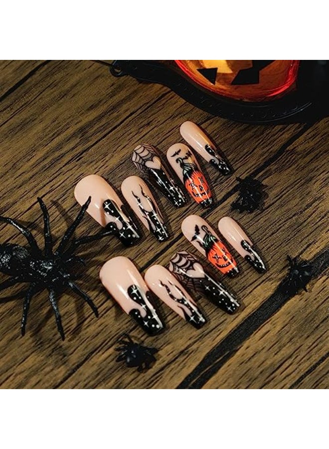 Vezocim Halloween Press on Nails Coffin Long Length 24Pcs Square Full Cover Artificial False Nails with Pumpkin Spider Design Acrylic Finger Fake Nails for Day of the Dead Holiday False Nail Kits For Women - Image 3