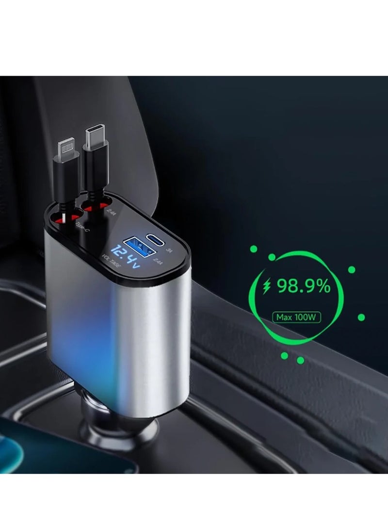Car Charger 4-in-1 120W with Retractable Type-C & Lightning Cables – USB + Type-C Ports – Fast Charging – LED Display – 180° Rotating Plug – Compatible with iPhone & Android Devices