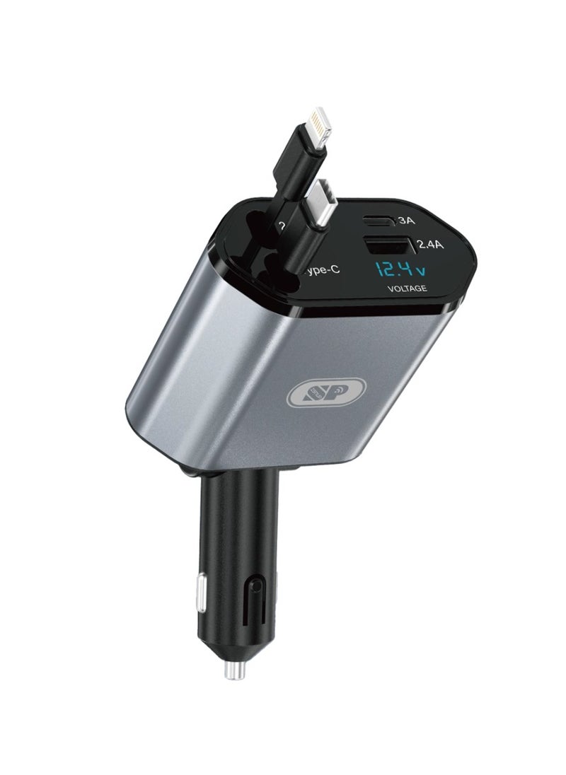 SP Car Charger 4-in-1 120W with Retractable Type-C & Lightning Cables – USB + Type-C Ports – Fast Charging – LED Display – 180° Rotating Plug – Compatible with iPhone & Android Devices  - Image 2