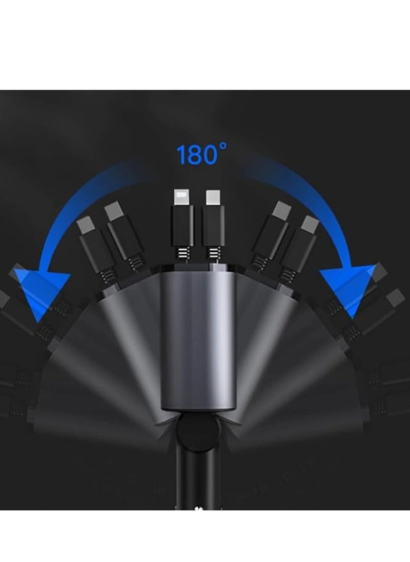 Car Charger 4-in-1 120W with Retractable Type-C & Lightning Cables – USB + Type-C Ports – Fast Charging – LED Display – 180° Rotating Plug – Compatible with iPhone & Android Devices
