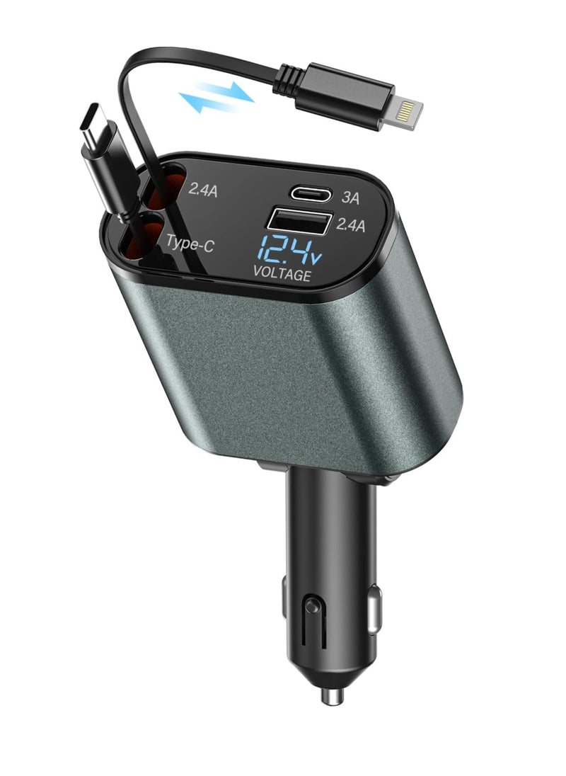 SP Car Charger 4-in-1 120W with Retractable Type-C & Lightning Cables – USB + Type-C Ports – Fast Charging – LED Display – 180° Rotating Plug – Compatible with iPhone & Android Devices  - Image 1