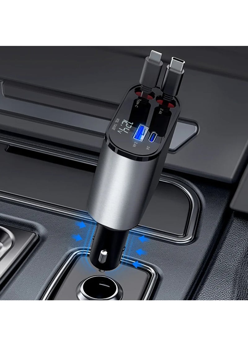 SP Car Charger 4-in-1 120W with Retractable Type-C & Lightning Cables – USB + Type-C Ports – Fast Charging – LED Display – 180° Rotating Plug – Compatible with iPhone & Android Devices  - Image 3