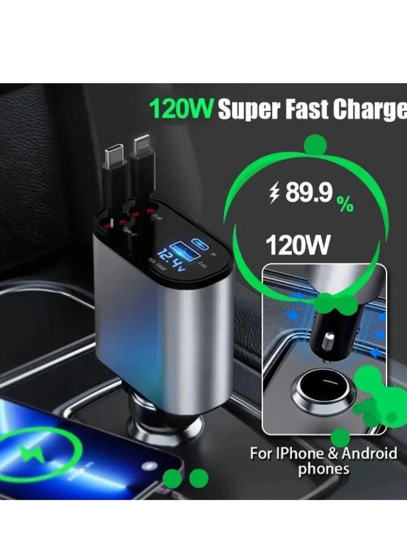 Car Charger 4-in-1 120W with Retractable Type-C & Lightning Cables – USB + Type-C Ports – Fast Charging – LED Display – 180° Rotating Plug – Compatible with iPhone & Android Devices