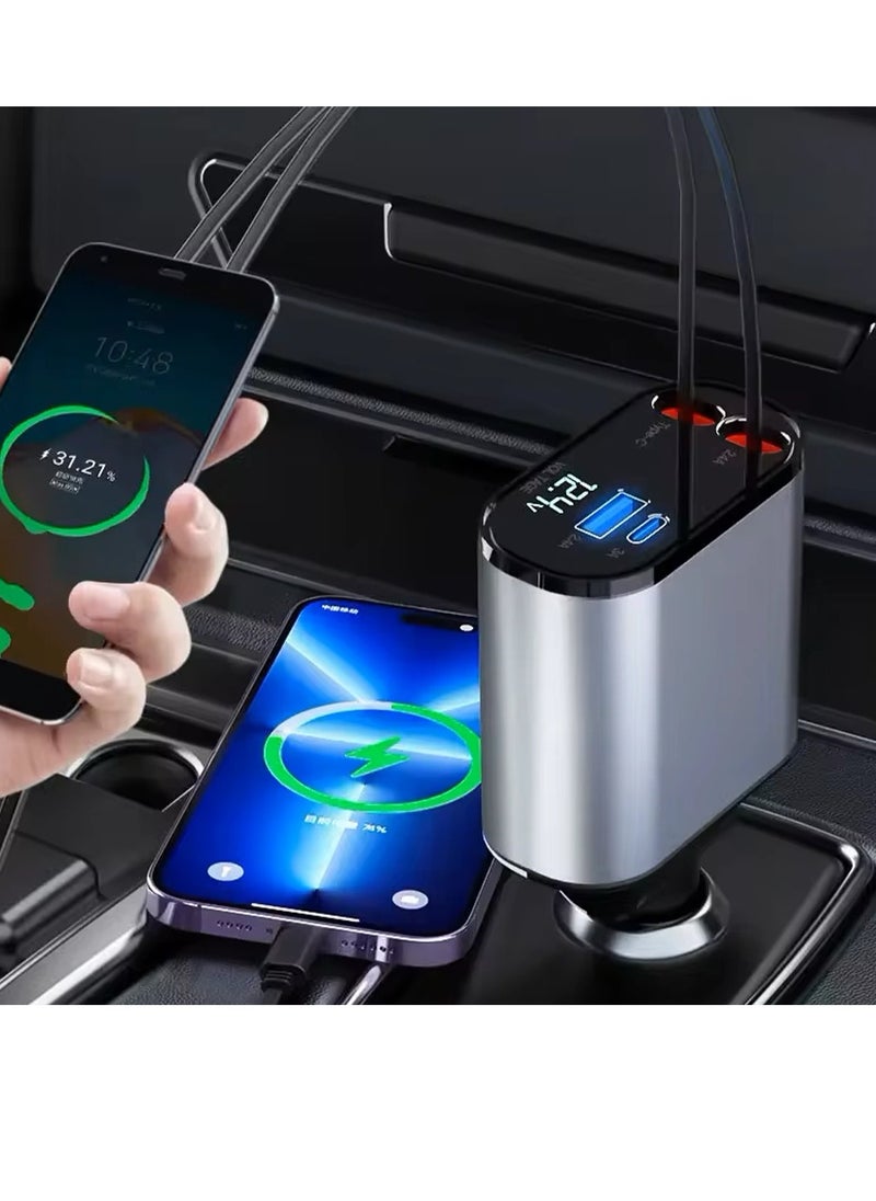 Car Charger 4-in-1 120W with Retractable Type-C & Lightning Cables – USB + Type-C Ports – Fast Charging – LED Display – 180° Rotating Plug – Compatible with iPhone & Android Devices