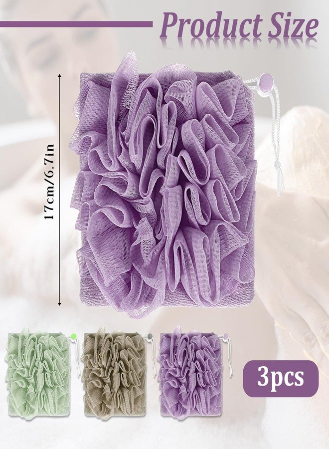 Exircy 3 PCS Loofah Washcloth Combo 2-in-1, Soap Bar Loofah Exfoliating Shower Pouf with Bar Soap Pocket Body Scrubber Exfoliating Loofa for Women & Men Bath Accessories Cleaning Tool (Green Purple Khaki) - Image 3
