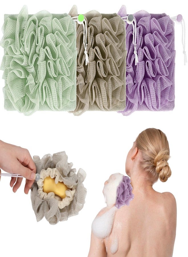 Exircy 3 PCS Loofah Washcloth Combo 2-in-1, Soap Bar Loofah Exfoliating Shower Pouf with Bar Soap Pocket Body Scrubber Exfoliating Loofa for Women & Men Bath Accessories Cleaning Tool (Green Purple Khaki) - Image 1