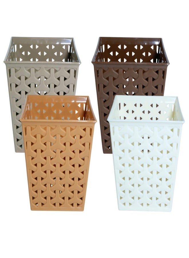 MORVI Linea Square Plastic Multipurpose Organizer For Kitchen, Bathroom, Salon, Office|Stationery,Cutlery,Pen,Makeup Brushes Holder|Hanging Toothbrush Stand |Pack Of 4 | COFFEE CAMEL BROWN WHITE - Image 1