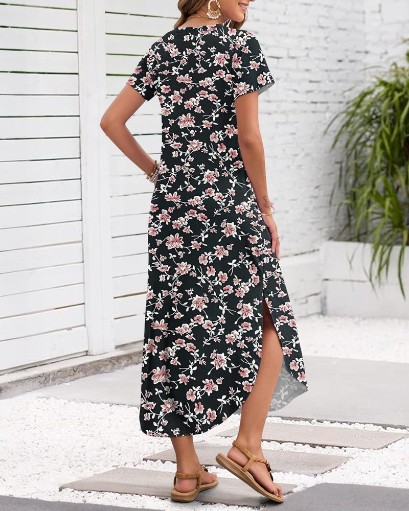 MISFAY Women's Summer Casual Maxi Dress 2026 Short Sleeves V Neck Loose Sundress Split Long Beach T Shirt Dress Vacation Outfits(Black Red Flower,L) - Image 3