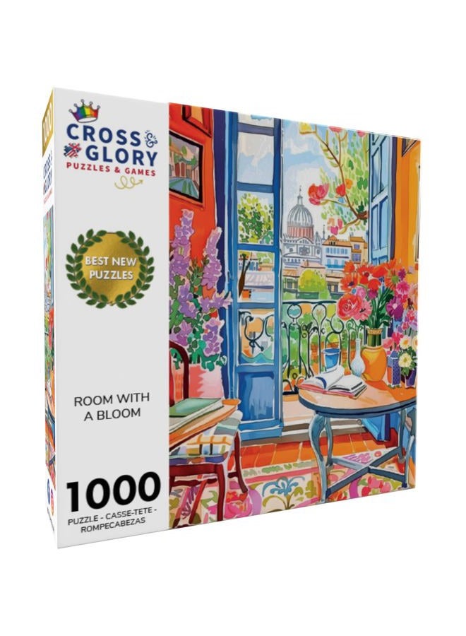 Cross & Glory غرفة مع زهور - 1000 قطعة لغز للبالغين | لغز منظر المدينة الزهري الملون | عمل فني نابض للحياة الداخلية للمنزل | لغز مقصوص بشريط مع لمسة ساتان - Image 2