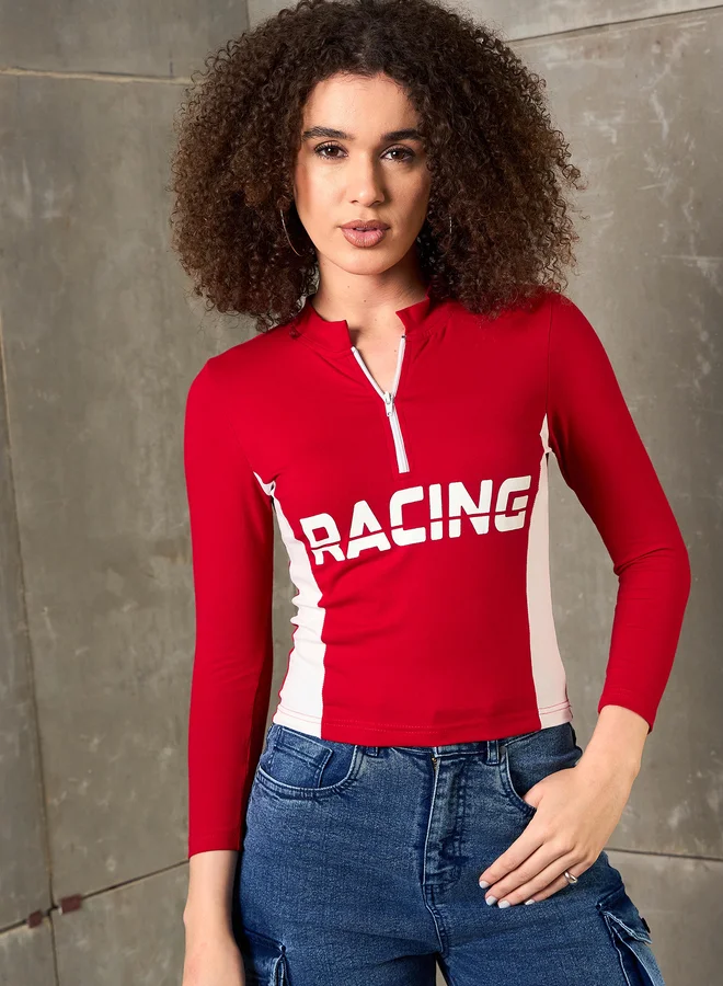 SASSAFRAS Red Racing Print High Neck Fitted T-Shirt