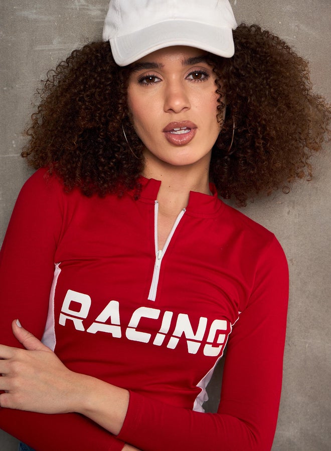 SASSAFRAS Red Racing Print High Neck Fitted T-Shirt - Image 4