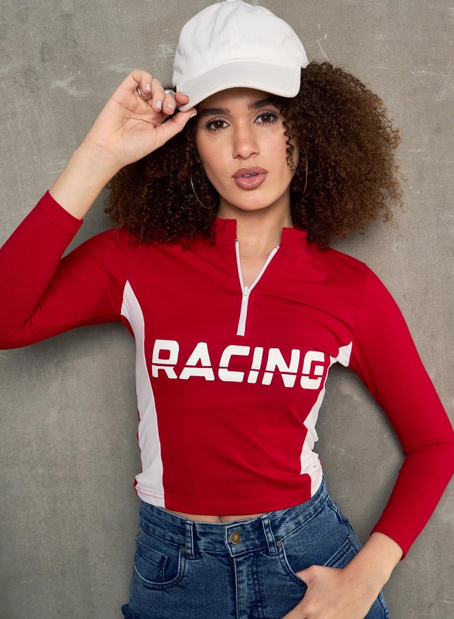 SASSAFRAS Red Racing Print High Neck Fitted T-Shirt - Image 1