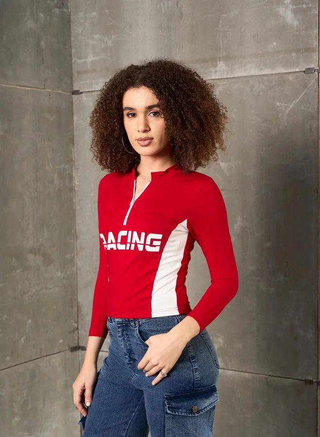 SASSAFRAS Red Racing Print High Neck Fitted T-Shirt