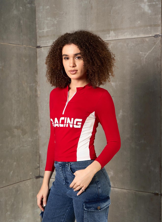 SASSAFRAS Red Racing Print High Neck Fitted T-Shirt - Image 3