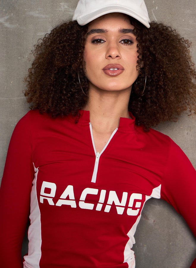 SASSAFRAS Red Racing Print High Neck Fitted T-Shirt - Image 2
