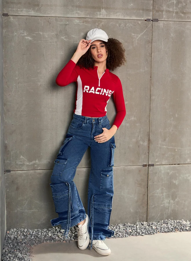 SASSAFRAS Red Racing Print High Neck Fitted T-Shirt
