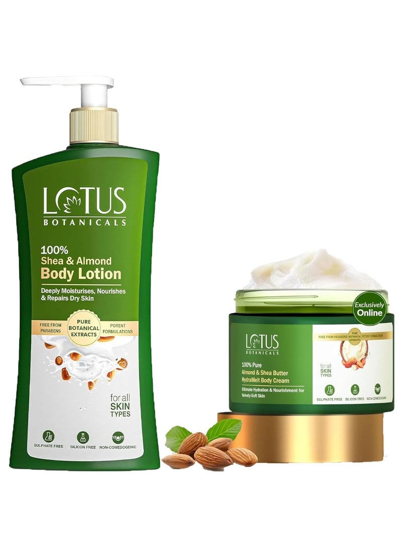 Lotus Botanicals 100% Shea & Almond Body Lotion 280ml + Shea Butter HydraMelt Body Cream 200g - Image 1