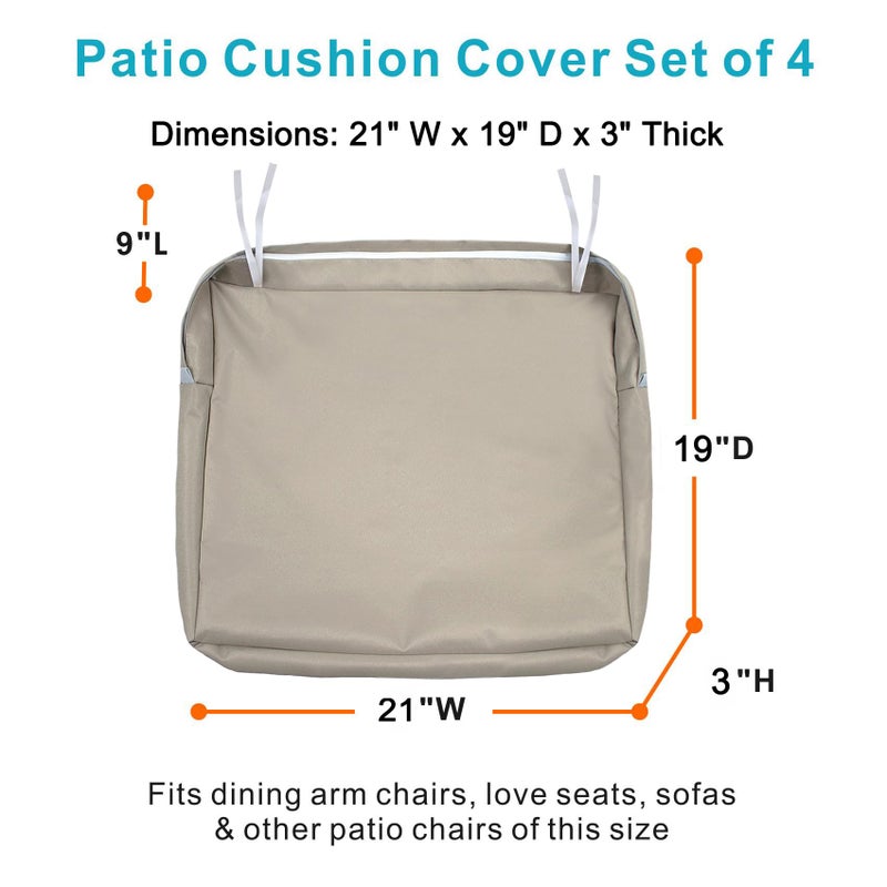 NettyPro Patio Chair Seat Cushion Covers Set 4, Waterproof Outdoor Furniture Cushion Slipcovers with Zipper and Tie, 21 x 19 x 3 Inch, Replacement Cover Only, Khaki - Image 5