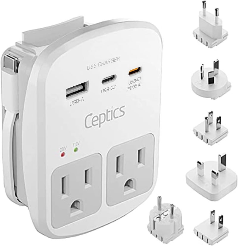 Ceptics 35W Universal Travel Adapter Kit â€“ 2 USA sockets, USB-A, USBC, 1x PD 35W USB-C and USBC Cable, Surge Protected, Plugs for EU, UK, China, AU, Japan - for Laptop, Phone, Camera-ETL Tested - Image 1