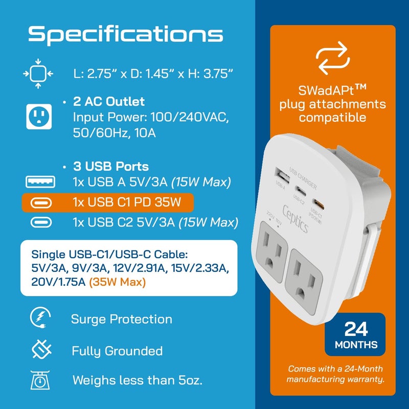 Ceptics 35W Universal Travel Adapter Kit â€“ 2 USA sockets, USB-A, USBC, 1x PD 35W USB-C and USBC Cable, Surge Protected, Plugs for EU, UK, China, AU, Japan - for Laptop, Phone, Camera-ETL Tested - Image 4