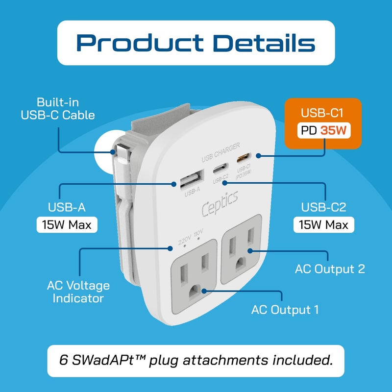 Ceptics 35W Universal Travel Adapter Kit â€“ 2 USA sockets, USB-A, USBC, 1x PD 35W USB-C and USBC Cable, Surge Protected, Plugs for EU, UK, China, AU, Japan - for Laptop, Phone, Camera-ETL Tested - Image 3