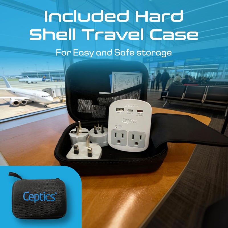Ceptics 35W Universal Travel Adapter Kit â€“ 2 USA sockets, USB-A, USBC, 1x PD 35W USB-C and USBC Cable, Surge Protected, Plugs for EU, UK, China, AU, Japan - for Laptop, Phone, Camera-ETL Tested - Image 2