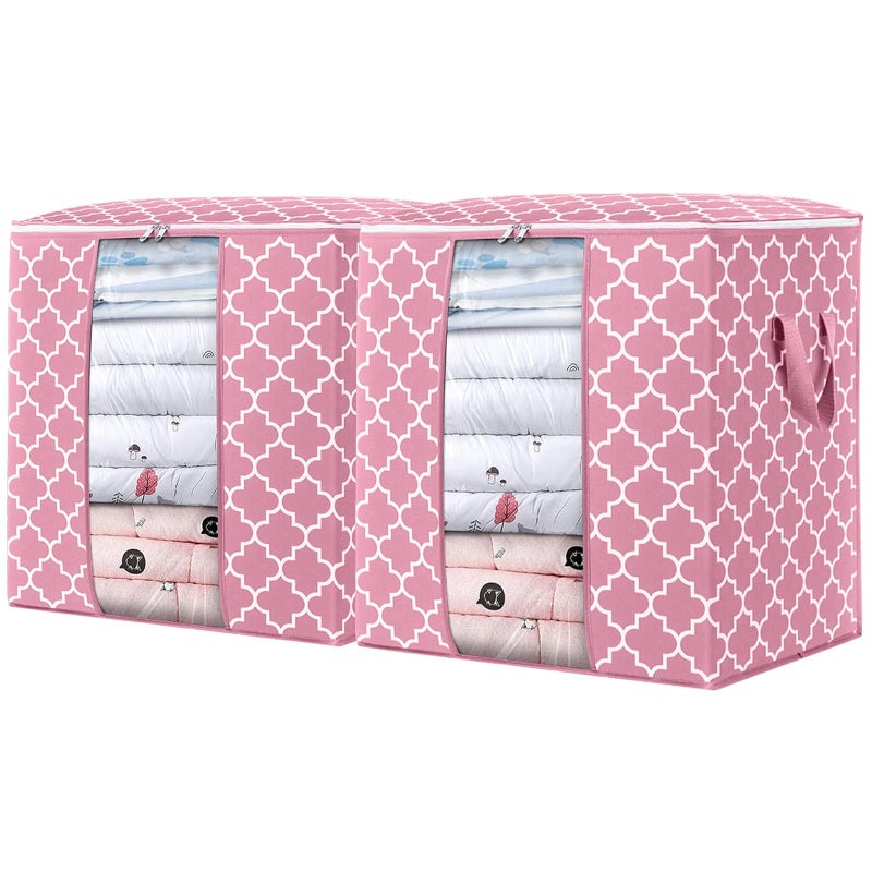 Wiselife Storage Bags 2 Pack/100L Large Blanket Clothes Organization And Storage Containers For Comforters Bedding  Foldable Organizer With Reinforced Handle  Clear Window  Sturdy Zippers Pink - Image 1