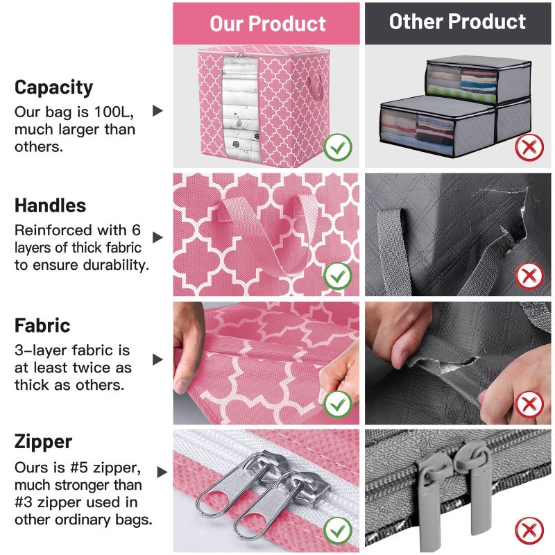Wiselife Storage Bags 2 Pack/100L Large Blanket Clothes Organization And Storage Containers For Comforters Bedding  Foldable Organizer With Reinforced Handle  Clear Window  Sturdy Zippers Pink - Image 4