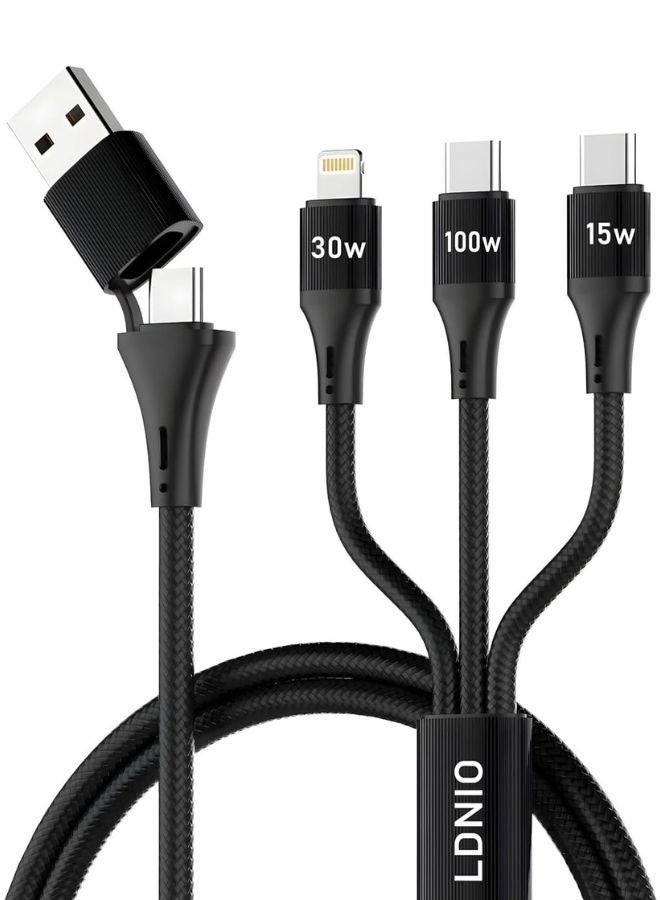 LDNIO 100W 4-in-1 Fast Charging Cable with Dual Input | USB-C Input + Removable USB-A Adapter | Dual Type-C (100W + 15W) + Lightning (30W) Output | Charge 3 Devices with One Cable | For iPhone 17 / 16 / 15 / 14 / 13 / 12 Series, Samsung Galaxy New Models, OnePlus, Oppo, Vivo, Honor, Nothing, One plus | Adapter Charging Cable | 1.2m Black - Image 1