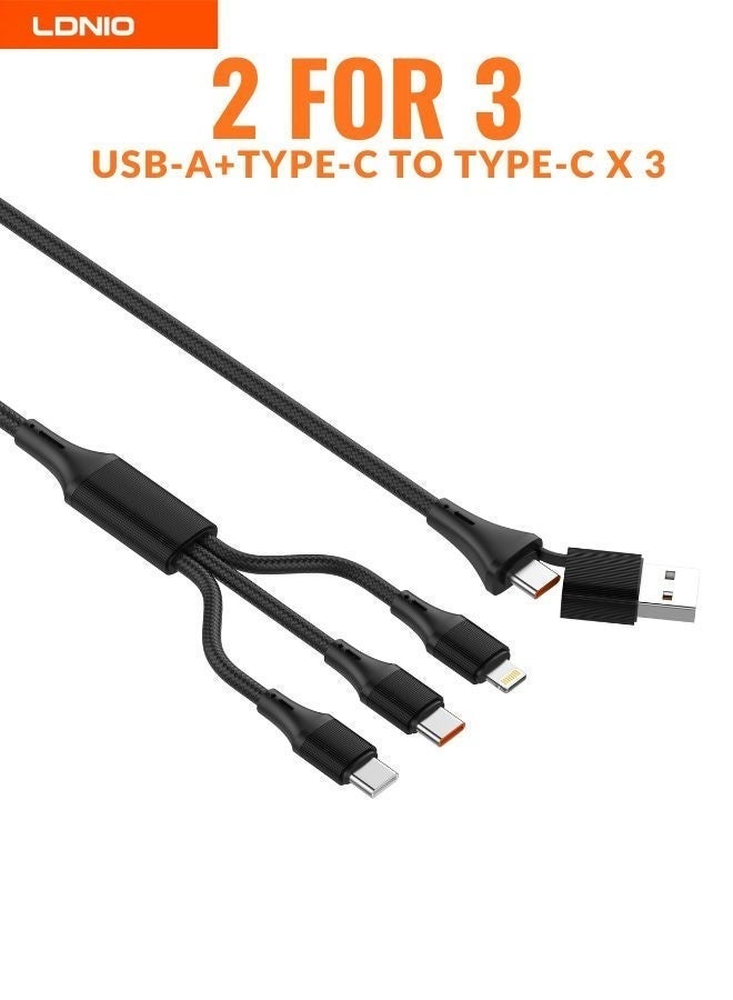 LDNIO 100W 4-in-1 Fast Charging Cable with Dual Input | USB-C Input + Removable USB-A Adapter | Dual Type-C (100W + 15W) + Lightning (30W) Output | Charge 3 Devices with One Cable | For iPhone 17 / 16 / 15 / 14 / 13 / 12 Series, Samsung Galaxy New Models, OnePlus, Oppo, Vivo, Honor, Nothing, One plus | Adapter Charging Cable | 1.2m Black - Image 5