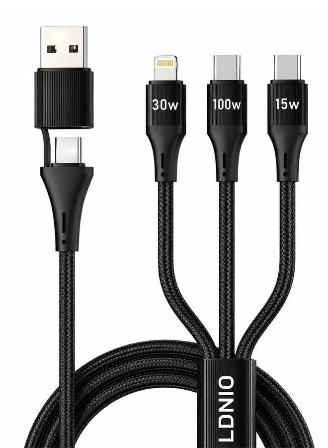 LDNIO 100W 4-in-1 Fast Charging Cable with Dual Input | USB-C Input + Removable USB-A Adapter | Dual Type-C (100W + 15W) + Lightning (30W) Output | Charge 3 Devices with One Cable | For iPhone 17 / 16 / 15 / 14 / 13 / 12 Series, Samsung Galaxy New Models, OnePlus, Oppo, Vivo, Honor, Nothing, One plus | Adapter Charging Cable | 1.2m Black - Image 1