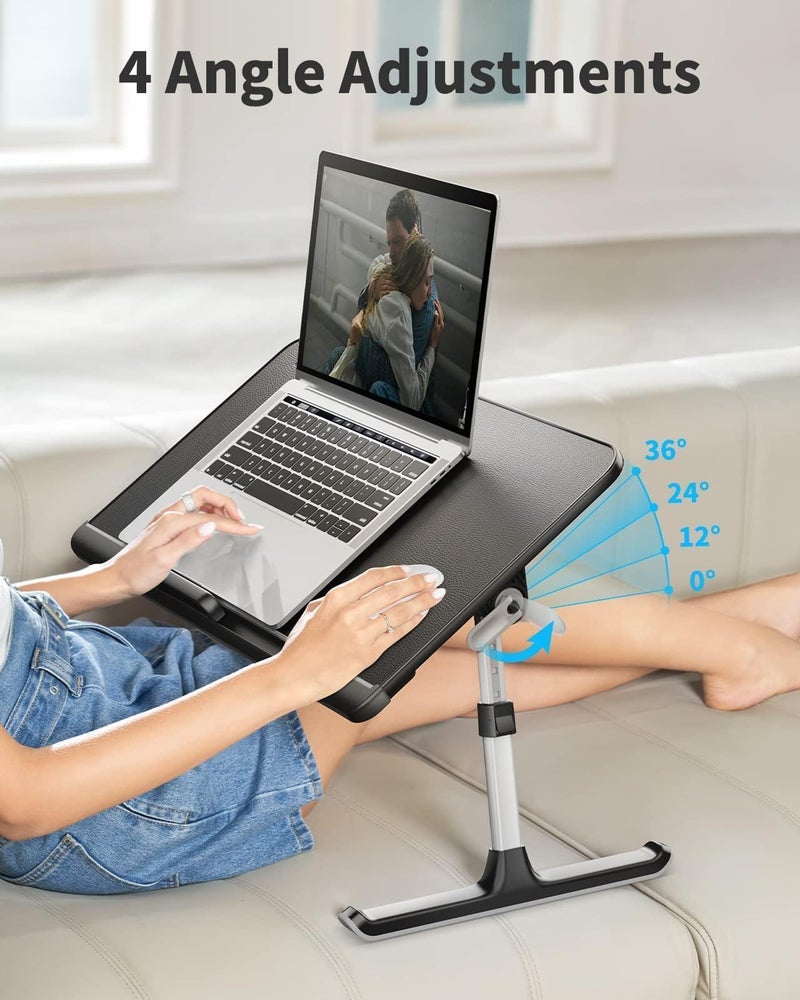 SAIJI Laptop Bed Tray Table, Adjustable PVC Leather Laptop Bed Table, Portable Standing Desk with Storage Drawer, Foldable Lap Tablet Table for Sofa Couch Floor (Dark Black) - Image 3