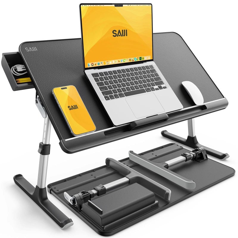SAIJI Laptop Bed Tray Table, Adjustable PVC Leather Laptop Bed Table, Portable Standing Desk with Storage Drawer, Foldable Lap Tablet Table for Sofa Couch Floor (Dark Black) - Image 1