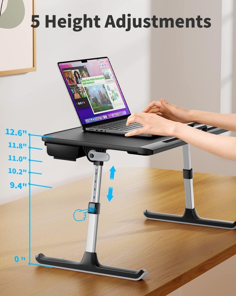 SAIJI Laptop Bed Tray Table, Adjustable PVC Leather Laptop Bed Table, Portable Standing Desk with Storage Drawer, Foldable Lap Tablet Table for Sofa Couch Floor (Dark Black) - Image 4