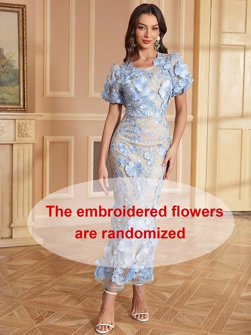 NeeMee Women's 3D Floral Embroidery Dress Ruffle Sleeve Fishtail Lace Bodycon Party Cocktail Mixi Dress (US, Alpha, Small, Regular, Regular, Sky Blue) - Image 4