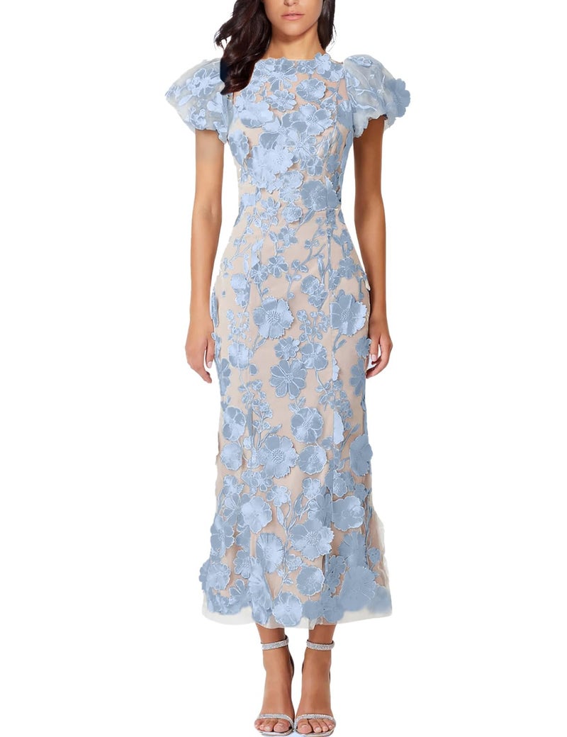 NeeMee Women's 3D Floral Embroidery Dress Ruffle Sleeve Fishtail Lace Bodycon Party Cocktail Mixi Dress (US, Alpha, Small, Regular, Regular, Sky Blue) - Image 1